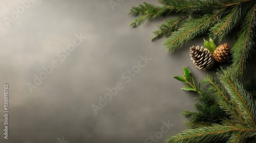 A festive scene featuring lush green pine branches, elegant pine cones, and holly leaves, perfect for holiday-themed settings and warm celebrations. photo