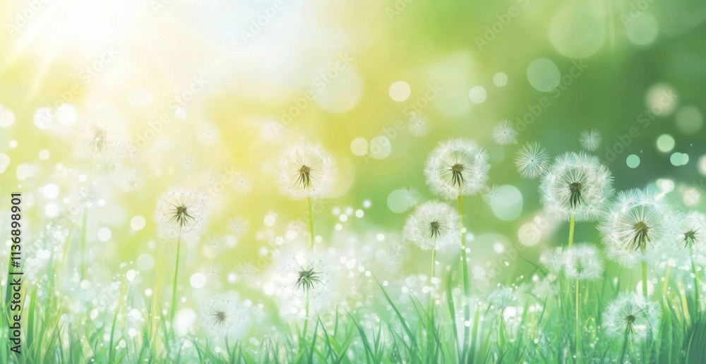 Fototapeta premium Vector of spring background with white dandelions. 