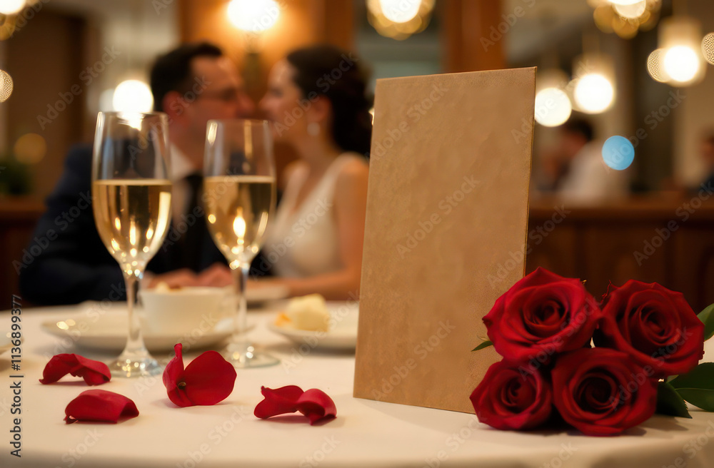 Fototapeta premium A romantic restaurant setting, in the background slightly out of focus, a couple is seated at a table; in the foreground, prominently in focus, a blank menu card with a brown kraft paper texture stand