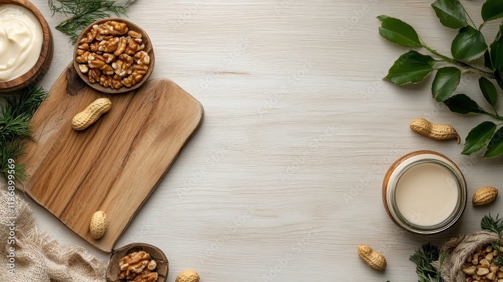 A wooden board is set with bowls of walnuts and a garnish of green herbs, next to a jar of creamy peanut milk, creating a fresh and wholesome composition. A wooden board is set with bowls of walnuts and a garnish of green herbs, next to a jar of creamy peanut milk, creating a fresh and wholesome composition.