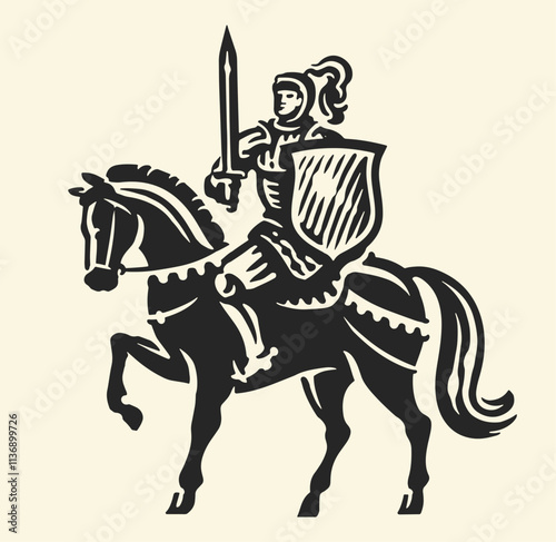 Knight in metal armor with sword and shield on horseback. Royal medieval warrior, hand drawn vector illustration