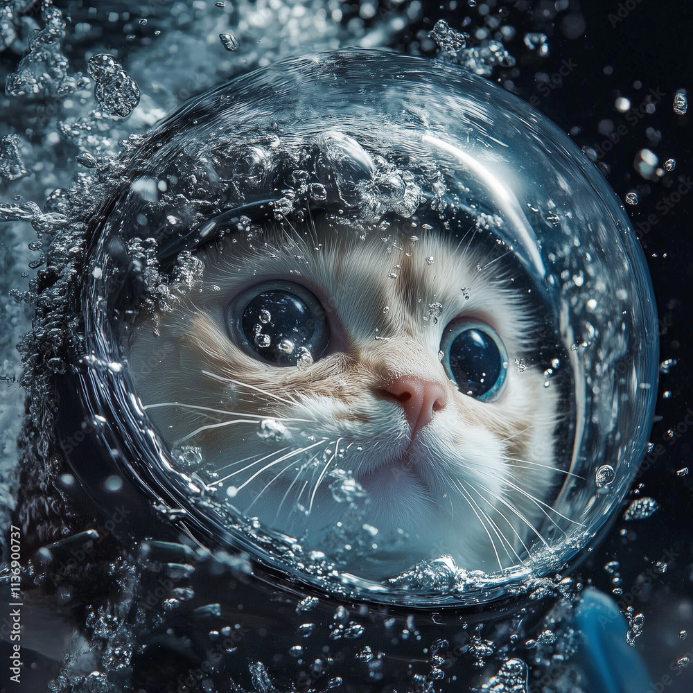Diving cat in a helmet underwater with a curious expression and bubbles around Diving cat in a helmet underwater with a curious expression and bubbles around