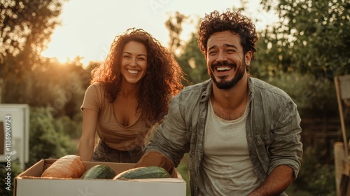 A vibrant couple laughs heartily as they enjoy outdoor activities together in the late afternoon light. They share a moment of joy and togetherness. photo