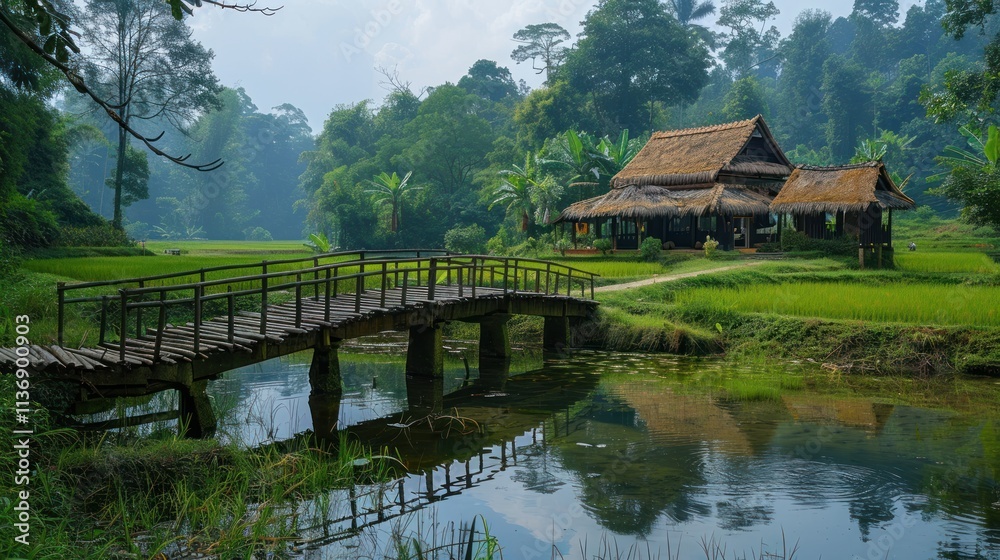 Tranquil Asian countryside scene with wooden bridge over calm water, lush rice paddies, and traditional thatched roof house nestled in the mist-shrouded jungle. Tranquil Asian countryside scene with wooden bridge over calm water, lush rice paddies, and traditional thatched roof house nestled in the mist-shrouded jungle.