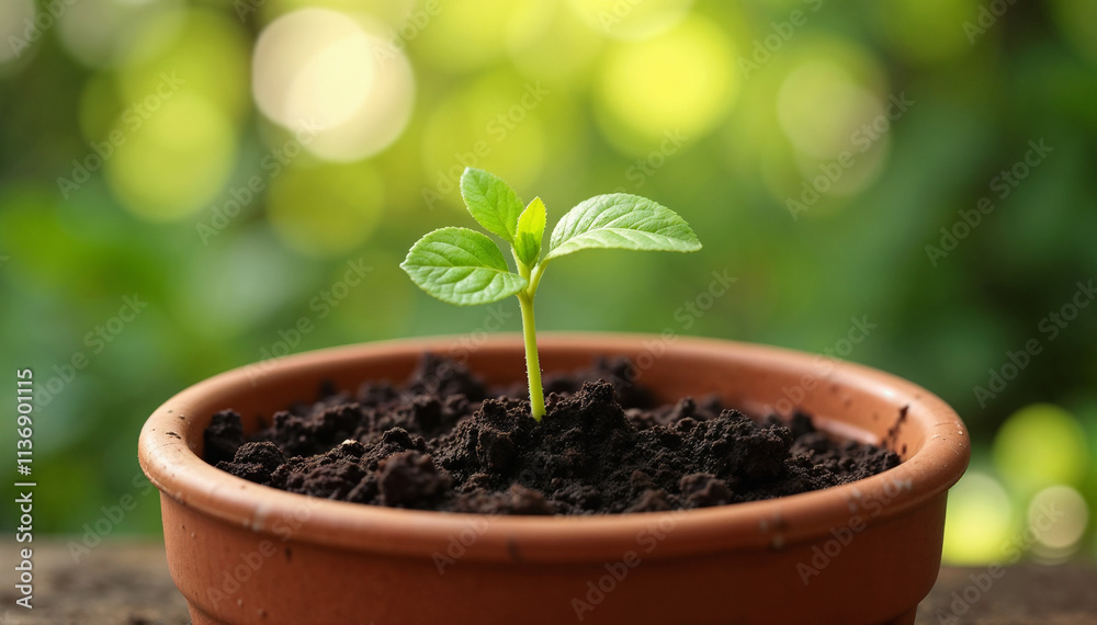 Young seedling sprouting from brown pot with lush green background Young seedling sprouting from brown pot with lush green background