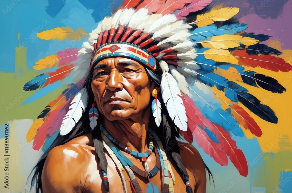 Fototapeta premium Abstract vintage oil painting portrait of a native american man with headdress decoration, people and culture, tradition, history theme concept. 
