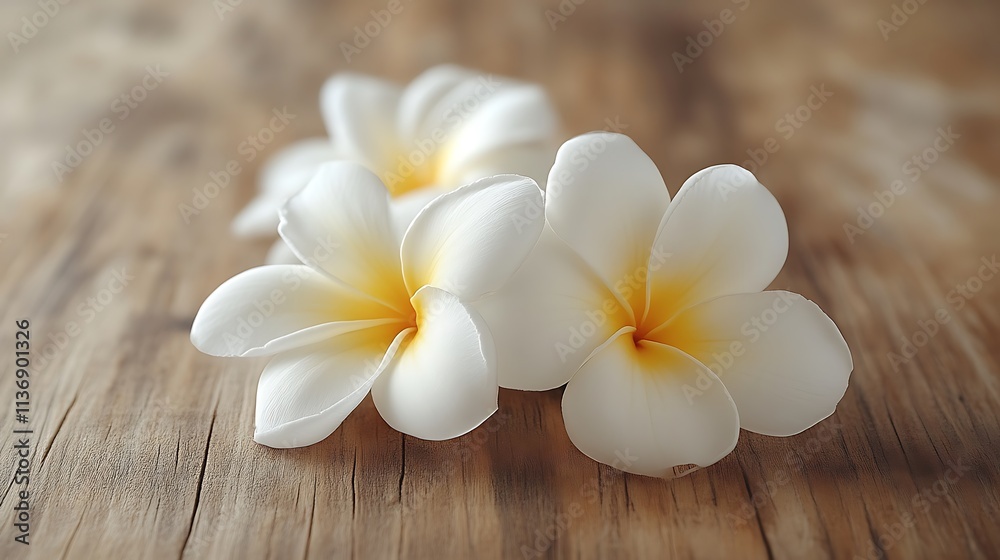 Three White Plumeria Flowers on Wooden Surface Three White Plumeria Flowers on Wooden Surface
