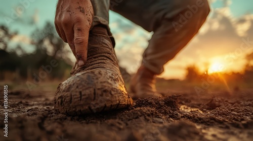 A person crouches outdoors, focusing on a mud-covered boot, against a sunset backdrop, symbolizing adventure and resilience in a natural setting. photo