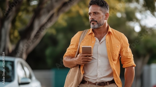 A stylish silver-haired man, carrying a smartphone and tote bag, walks confidently through a green urban environment on a sunny day, embodying timeless sophistication. photo