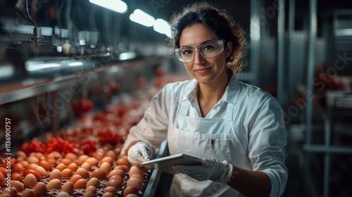 The image shows a scientist in a lab coat and safety glasses examining eggs with a tablet in hand, in a modern laboratory setting with rows of eggs on a conveyor belt. photo