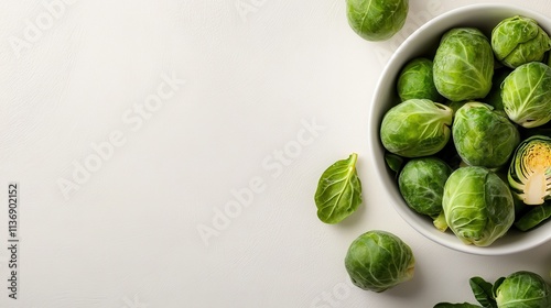 A top view of fresh Brussels sprouts situated in a white bowl on a white background, showcasing their vivid color and adding an aesthetic appeal to the image. photo