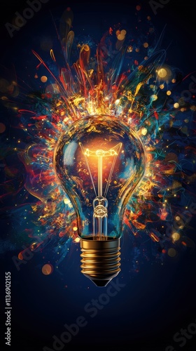 Eureka moment exploding lightbulb with colorful abstract burst