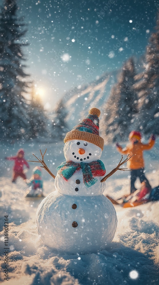 Fototapeta premium Frosty snowman with twig arms and children sledding in background