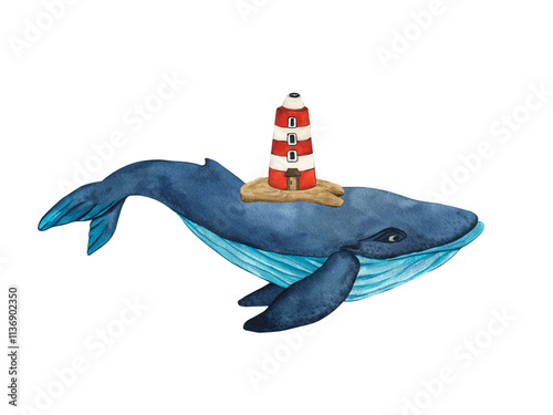 Whale with a lighthouse on his back. Watercolor illustration blue humpback whale on white background. Hand drawn painting sea animals in underwater world. Children's clip art of big sea fish