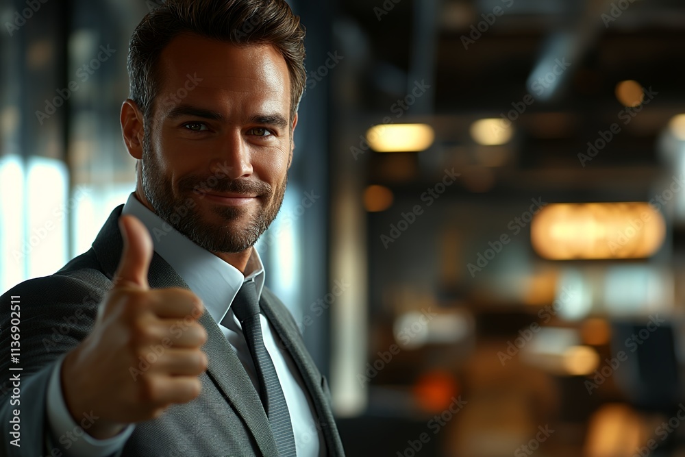 Businessman Giving a Thumbs up in Modern Office Setting With Soft Lighting in the Background During a Professional Meeting