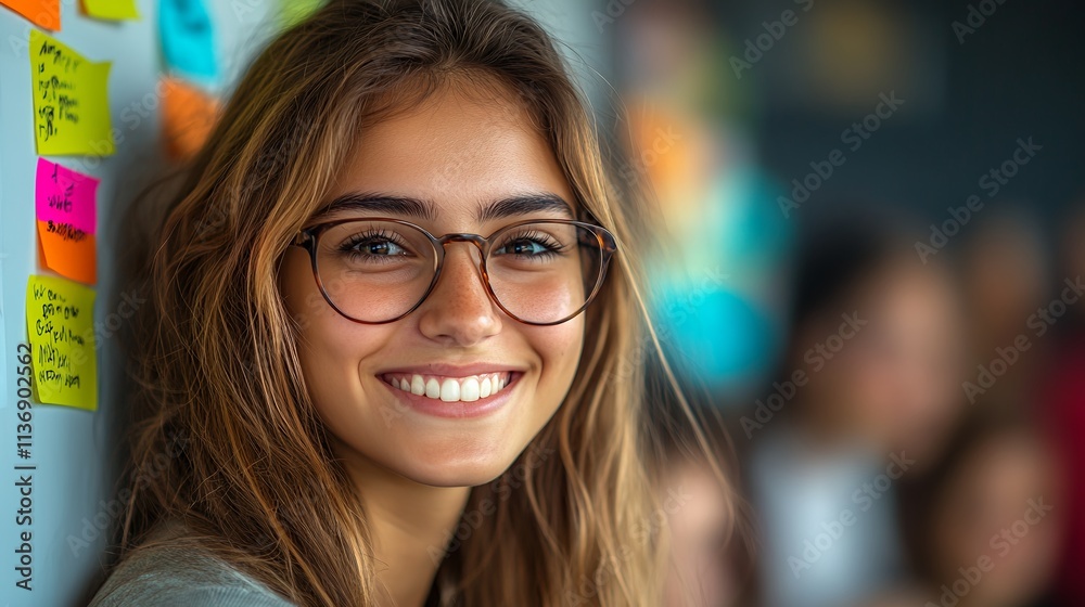 Smiling Young Woman With Glasses Posing in a Vibrant Workspace Filled With Sticky Notes and a Blurred Background Smiling Young Woman With Glasses Posing in a Vibrant Workspace Filled With Sticky Notes and a Blurred Background