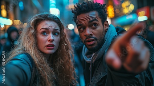 Couple Looks Surprised While Exploring a Vibrant City Street at Night, Witnessing an Unexpected Event Unfold Around Them