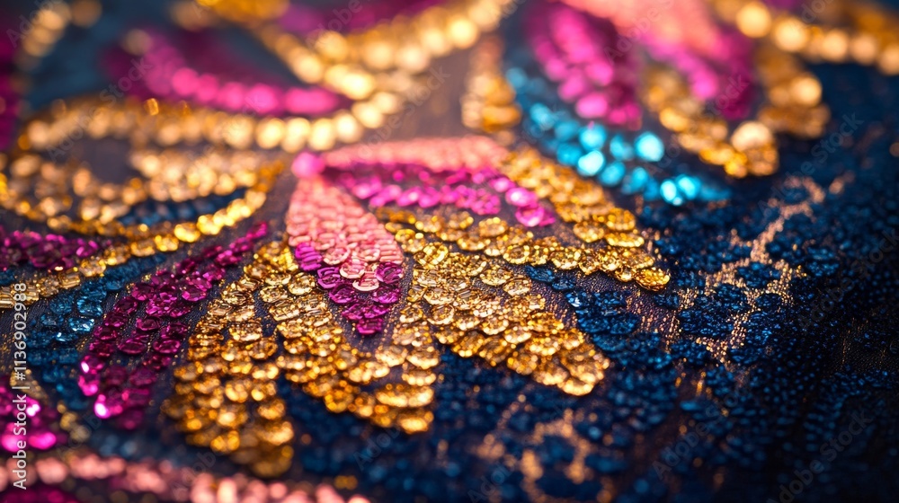 Obraz premium Colorful sequin embroidery on dark fabric