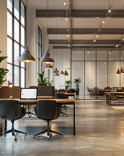 Modern business office or co-working with furniture, computers, black chairs and large windows, empty place for work.