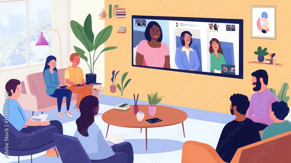 A diverse group of young adults participates in a virtual meeting, engaging in lively discussion and collaboration. Warm colors and a comfortable setting enhance the scene. A diverse group of young adults participates in a virtual meeting, engaging in lively discussion and collaboration. Warm colors and a comfortable setting enhance the scene.
