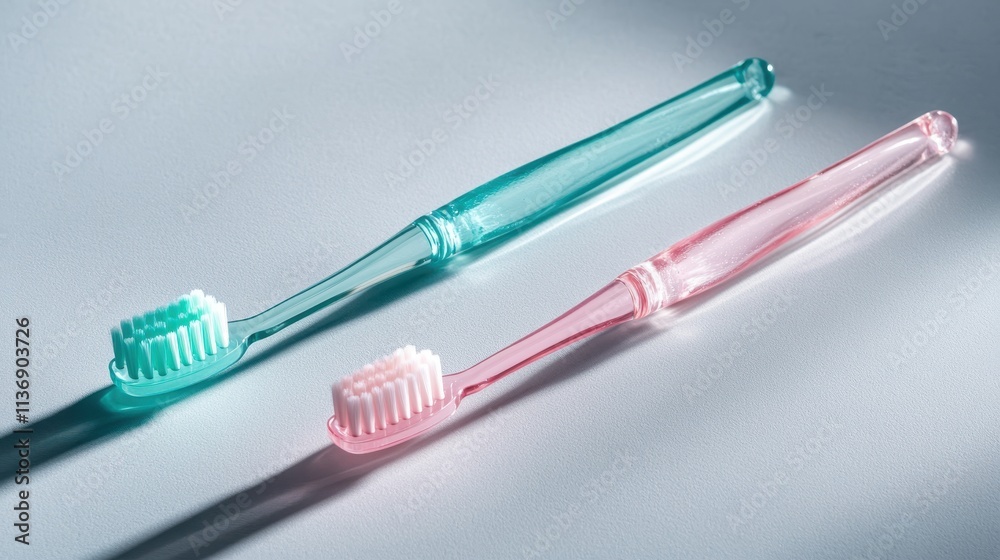A pair of blue and pink toothbrushes placed on a sleek white surface, representing cleanliness and oral hygiene with minimalist and straightforward composition. A pair of blue and pink toothbrushes placed on a sleek white surface, representing cleanliness and oral hygiene with minimalist and straightforward composition.