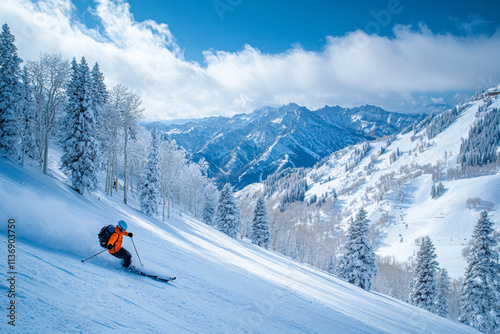 Skier rides on powder snow downslope against background of high mountain and forest, extreme sports and leisure, background with copy space.