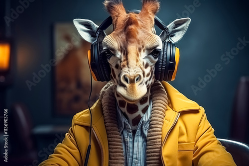 Funny giraffe gamer with confidence expression wearing headphones and hipster clothes playing computer game and streaming during tournament in dark room