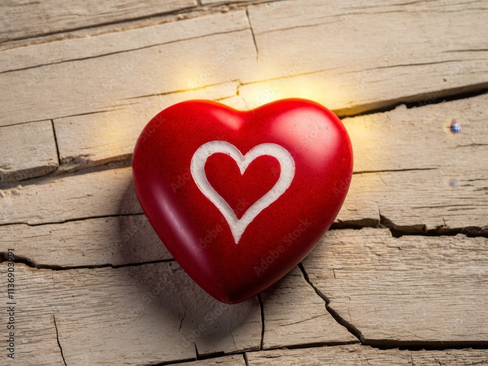 Red Heart Shaped Stone with White Heart Design on Rustic Wooden Background - Symbol of Love and Red Heart Shaped Stone with White Heart Design on Rustic Wooden Background - Symbol of Love and