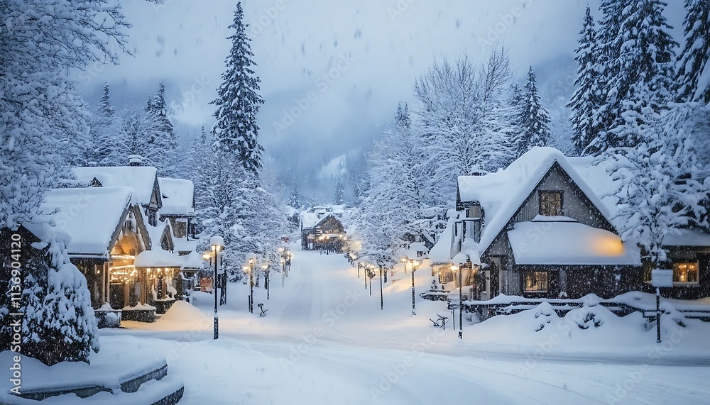 Naklejka premium Snowy Whistler Village Bliss: Minimalist Winter Wonderland After a Snowstorm, Generative Ai