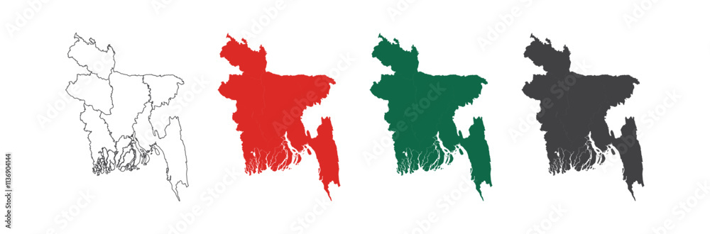 Set of Map of Bangladesh in green, red, black and outline color Set of Map of Bangladesh in green, red, black and outline color