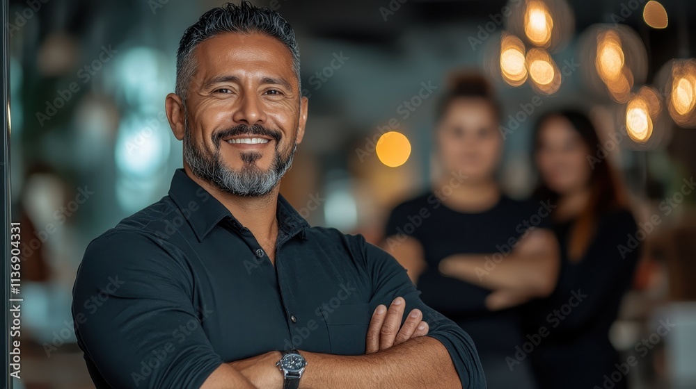Fototapeta premium A confident man with a salt-and-pepper beard and folded arms stands prominently in a modern office setting, exuding professionalism, leadership, and expertise in his demeanor.