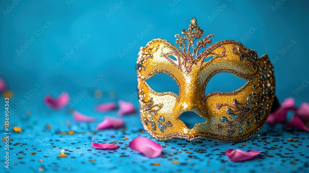Naklejka premium Golden Venetian mask with intricate filigree design resting on blue surface with pink petals and confetti, perfect for carnival, masquerade parties, festive celebrations, and elegant events backgroun
