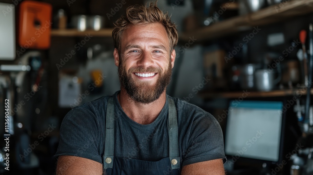 A bearded craftsman standing confidently in his workshop, wearing an apron and showcasing joyful pride in his craft and dedication to his artisanal skills. A bearded craftsman standing confidently in his workshop, wearing an apron and showcasing joyful pride in his craft and dedication to his artisanal skills.