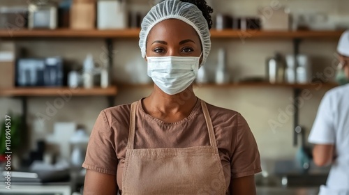 A chef stands in a professional kitchen, wearing a mask and apron, readying a culinary creation, symbolizing passion, creativity, and dedication to the culinary arts.
