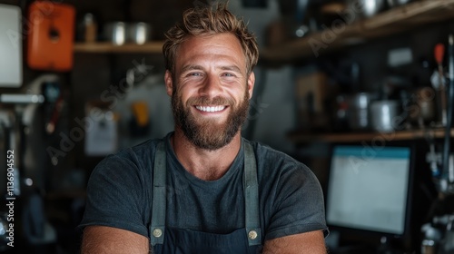 A bearded craftsman standing confidently in his workshop, wearing an apron and showcasing joyful pride in his craft and dedication to his artisanal skills.