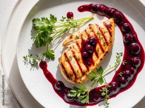 Grilled Chicken Breast with Berry Sauce and Fresh Herbs on Plate photo