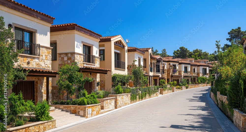 Beautiful residential street with modern homes surrounded by lush greenery in a serene setting Beautiful residential street with modern homes surrounded by lush greenery in a serene setting