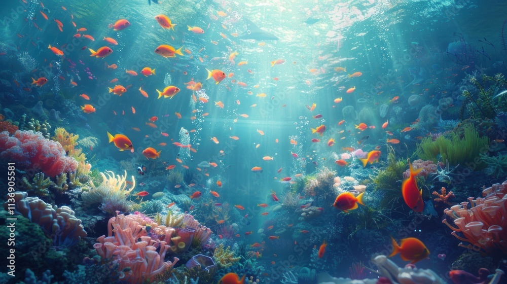 Fototapeta premium Vibrant coral reef teeming with colorful fish and diverse marine life under sunlit water.