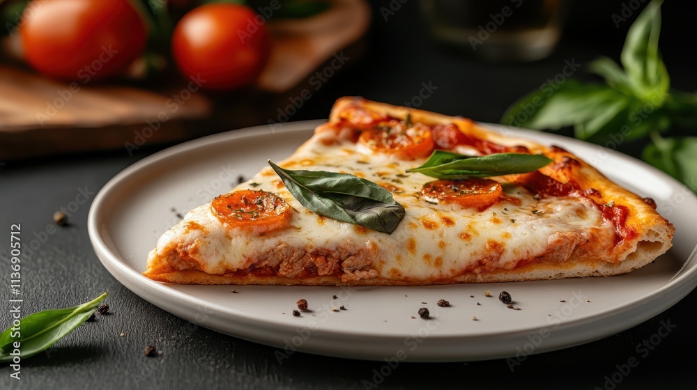 A delectable slice of pizza features melted cheese and pepperoni, garnished with fresh basil, delivering a mouth-watering taste, placed elegantly on a white dish. A delectable slice of pizza features melted cheese and pepperoni, garnished with fresh basil, delivering a mouth-watering taste, placed elegantly on a white dish.