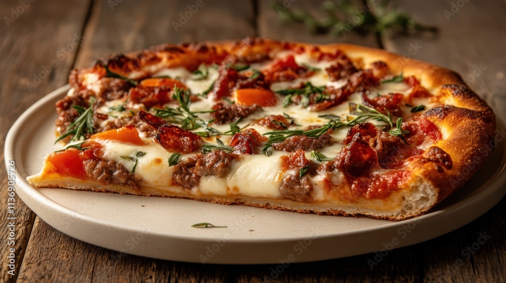 A tempting slice of Italian pizza showcasing a crispy crust, rich tomato sauce, melted cheese, savory meats, and fragrant herbs for a delicious taste experience. A tempting slice of Italian pizza showcasing a crispy crust, rich tomato sauce, melted cheese, savory meats, and fragrant herbs for a delicious taste experience.