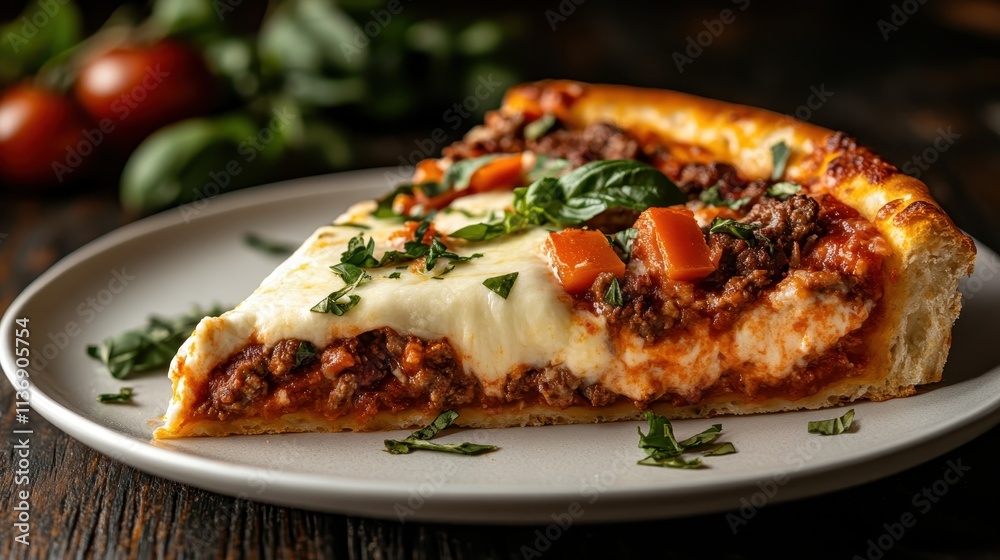 A slice of pizza boasting a golden crust, delicious melted cheese, rich tomato sauce, chunks of meat, topped with fresh basil, capturing authentic flavors. A slice of pizza boasting a golden crust, delicious melted cheese, rich tomato sauce, chunks of meat, topped with fresh basil, capturing authentic flavors.