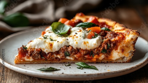 A delightful pizza slice topped with melted mozzarella cheese, tantalizing meat sauce, fresh herbs, and chunky tomatoes, served with a crispy, golden crust. photo