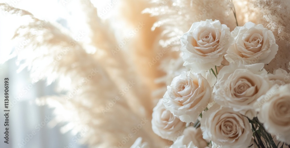 Elegant cream roses and pampas grass create a serene floral arrangement in soft natural light Elegant cream roses and pampas grass create a serene floral arrangement in soft natural light