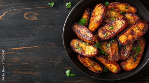 A bowl of beautifully grilled plantains, golden and perfectly cooked, sprinkled with fresh parsley. It evokes a sense of warmth and delicious simplicity.