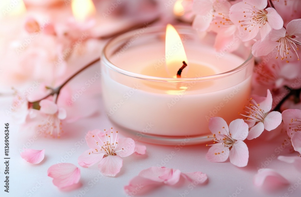 Soft glow of a candle surrounded by cherry blossoms brings tranquility to a serene setting Soft glow of a candle surrounded by cherry blossoms brings tranquility to a serene setting