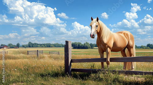 A horse standing by a wooden fence in a field. photo