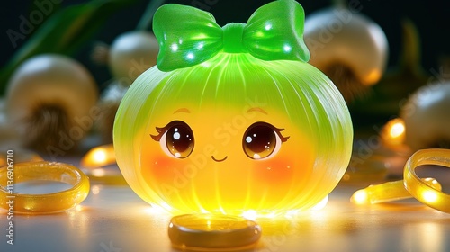 A cute, glowing green onion-shaped lamp with a smiling face and decorative elements.