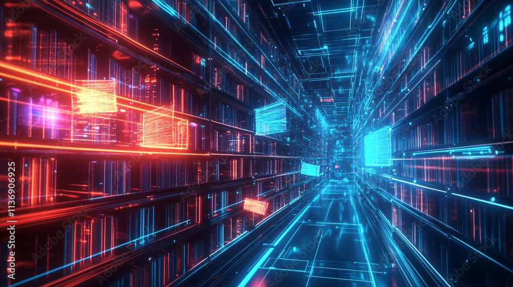 Fototapeta premium A glowing library icon with book data streams, symbolizing online library systems, digital book access, and smart reading tools. 