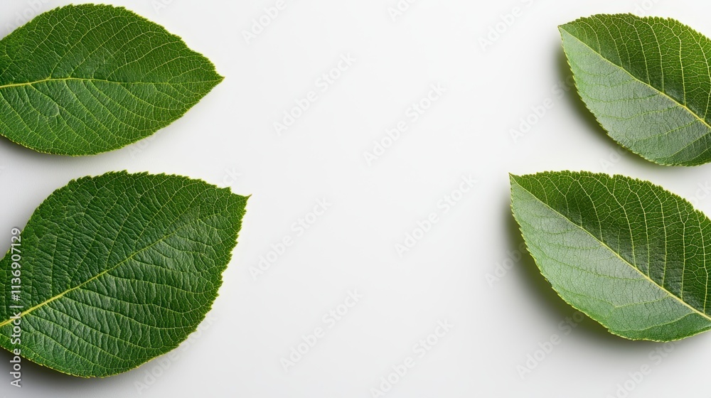 Naklejka premium Four lush green leaves symmetrically positioned against a neutral background, offering a sense of balance and unity through their natural allure and aesthetic layout.