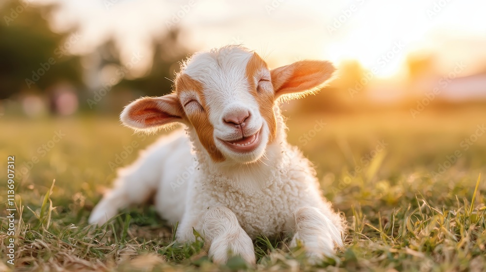 A charming lamb lies contently on sun-drenched grass, exuding serenity and joy. The sunlight casts a warm glow, creating a peaceful and idyllic countryside scene. A charming lamb lies contently on sun-drenched grass, exuding serenity and joy. The sunlight casts a warm glow, creating a peaceful and idyllic countryside scene.
